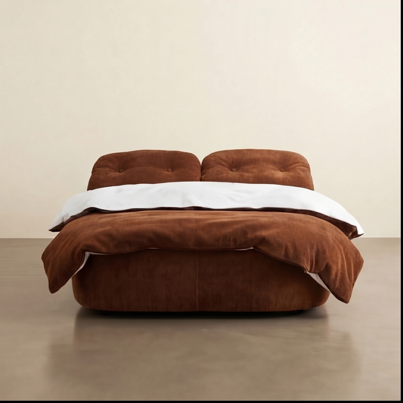 Brown upholstered bed with white bedding on a beige background